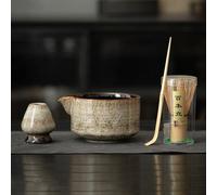 LVYUDS Bamboo Matcha Whisk Set, Handmade Spoon Ceramics Ru Kiln Matcha Bowl Holder Japanese Matcha Kit 4-Piece Set Tea Party Lovers Must-Have Gift(Brown)