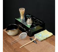 LVYUDS Kiln Change Japanese Matcha Kit Bamboo Whisk Tea Pick Ceramic Matcha Bowl Stand Gift Box Matcha Whisk Set Housewarming Gift Tea Lover(Black box,7-PIECE SET_WHITE)