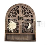 LVYXON Wood Storage Shelf Sun Moon Design Compact Sturdy Solid Wood Celestial Elements Opening Door 11x8.6x1.2in Natural Finish For Displaying Crystals Plants Home Decor Tabletop Shelf