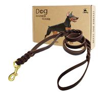LWBMG Double Handle Leather Dog Leash 6 Foot - Heavy Duty Dog Leash with Traffic Handle - Braided Leather Lead for Small Medium Large Dogs
