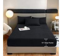 LweiPsqLin Velvet Fitted Sheet Full Size,Fleece Plush Bed Sheet Mattress Protector Cover with 15'' Deep Pocket Warm Fuzzy Bottom Sheet,Black (Not Include Pillowcases)