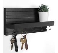 Lwenki Decorative Key Holder for Wall with Shelf, Entryway Shelf with Hooks Holds Leashes, Jackets and Glasses - Sturdy Wood Keyholder Entrance Hanger with Mounting Hardware (Black)