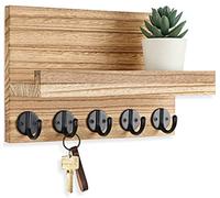 Lwenki Key Holder for Wall, Decorative Key and Mail Holder with Shelf Has Large Key Hooks for Bags, Coats - Paulownia Wood Key Hanger with Mounting Hardware (9.8”W x 6.7”H x 4.2”D) (Burnt Wood)