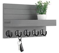 Lwenki Key Holder for Wall, Decorative Key and Mail Holder with Shelf Has Large Key Hooks for Bags, Coats - Paulownia Wood Key Hanger with Mounting Hardware (9.8”W x 6.7”H x 4.2”D) (Grey)
