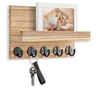 Lwenki Key Holder Wall Mount - 9.8" x 6.7" x 4.2" Entryway Organizer with 5 Metal Hooks Holds Wallet, Sunglasses, Bags, Dog Leash - Real Paulownia Wood Decorative Key Hanger with Shelf (Wood)
