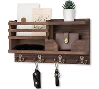 Lwenki Mail and Key Holder for Wall - Decorative 15.9” x 8.7” x 3.2” Entryway Organizer with Shelf - Paulownia Wood with 4 Dual Hooks Includes Mounting Hardware and Installation Guide