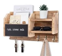 Lwenki Mail and Key Holder - Wall Mount Key Hanger with Shelf and 7 Metal Hooks - Decorative Natural Paulownia Wood Entryway Organizer with Mounting Hardware (16.5”W x 8.7”H x 3.5”D) (Wood)