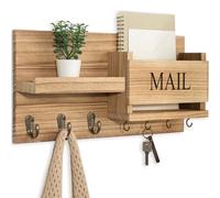 Lwenki Mail Organizer for Wall Mount - Key Holder with Shelf Includes Letter Holder and Hooks for Hallway Farmhouse Decor - Rustic Wood with Flush Mounting Hardware (16.5” x 9.1” x 3.4”) (Wood)