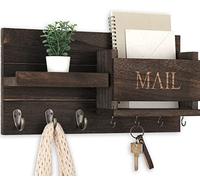 Lwenki Mail Organizer for Wall Mount - Key Holder with Shelf Includes Letter Holder and Hooks for Hallway Farmhouse Decor - Rustic Wood with Flush Mounting Hardware (16.5” x 9.1” x 3.4”) (Brown)