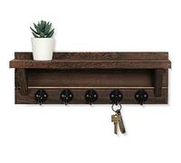 Lwenki Wall Key Holder, Rustic Shelf with Hooks Made of Paulownia Wood Holds Keys, Dog Leash, Bags and More - 13.7" W x 4.7" H x 3.5" D Decorative Key Hanger and Entryway Shelf