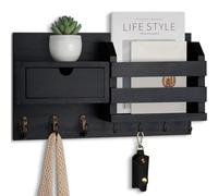 Lwenki Wall Mount Key Holder with Mail Organizer, 100% Paulownia Wood, 7 Metal Hooks, Storage Drawer, Entryway Home Decor (Black)