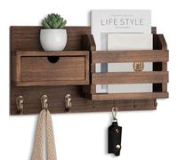 Lwenki Wall Mount Key Holder with Mail Organizer, 100% Paulownia Wood, 7 Metal Hooks, Storage Drawer, Entryway Home Decor (Brown)