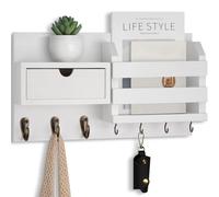 Lwenki Wall Mount Key Holder with Mail Organizer, 100% Paulownia Wood, 7 Metal Hooks, Storage Drawer, Entryway Home Decor (White)