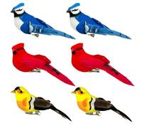 LWINGFLYER 6pcs Christmas Tree Ornaments Clip on Artificial Birds Realistic Red Cardinal Blue Jay Yellow Goldfinch Assorted Birds for Decoration and Crafts