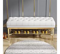 LWJSOCP Modern White Leather Entryway Bench with Golden Shoe Rack and Button Upholstered Seat Stylish End of Bed Bench with Shoe Storage for Hallway 80x33x48cm
