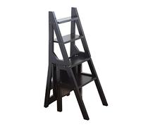 LWJSOCP Wooden 4 Step Ladder Chair Combination, Folding Ladder Shelf White Climb Ladder Step Stool Multifunction Stepladder Stairway Chair for Kitchen Library, Black