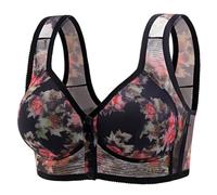 lWomens High Support Floral Bras Comfortable Ice Silk Front Fastening Buckle Adjustable Strap Full Coverage Brassiere Non Wired Push Up Breathable Underwear Black