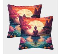 LWXEEOAVE Buddha Statue Cushion Cover Set of 2 Decorative Machine Washable Pillowcases Square Cushions with Invisible Zipper Cushion Covers for Outdoor Home Bed Decor Throw Pillow Cases 45x45cm