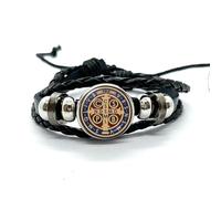 LWXLP Saint Benedict Medal Leather Bracelet Catholic San Benito Glass Dome Snap Buttons Bangles Men Women Jewelry Accessories