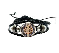 LWXLP Saint Benedict Medal Leather Bracelet Catholic San Benito Glass Dome Snap Buttons Bangles Men Women Jewelry Accessories