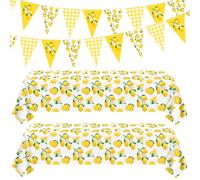 LWYGEGJO 4 Pack Lemon Party Decoration Lemonade Tablecloth Lemon Banners 86” x 51” Rectangle Plastic Lemonade Tablecloth Spring Fruit Party Triangle Banner Baby Shower Birthday Decorations