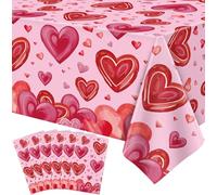 LWYGEGJO 4 Pack Valentine's Day Tablecloth Valentine's Day Love Heart Table Cover for Rectangle 51 x 86in Waterproof Plastic Table Cloth for Valentine Day Party Supplies, Mother's Day Décor (pink+6)