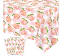 LWYGEGJO 4 Pcs Peach Tablecloth Pink Sweet One Peach Girl Summer Birthday Party Decoration 51 x 86 Pink check Disposable Plastic Table Cloth Dining Room Kitchen Indoor Outdoor Décor