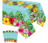 LWYGEGJO 4 Pcs Tropical Palm Leaves Tablecloth Hawaiian Luau Table Cloth 86 x 51 in Palm Leaves Table Cloth Baby Birthday Party Summer Pool Tropical Party Decorations (Blue)