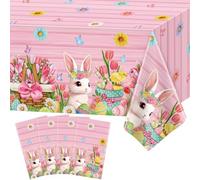 LWYGEGJO 4Pcs Easter Bunny Tablecloth Easter Table Cloth Cute Rabbit Colorful Floral Rectangle Table Cover for Happy Easter Spring Holiday Party Decoration and Supplies,51 x 86 Inch