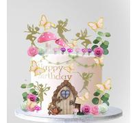 LXASIY 39PCS Pink Mushroom Door Butterfly Flowers Cake Decoration for Fairy Party, Baby Shower