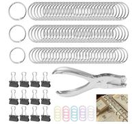LXBCTOP 110 PCS Binder Rings, 20 25 30 MM Loose Leaf Binding Ring, Metal Rings with 1 Hole Punch 12 Foldback Clips, Metal Ring Binders for Flashcards Keyring Index Cards Cue Cards Scrapbook Album