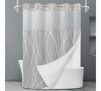 LXBNI No Hook Light Grey Striped Shower Curtain with Snap in Liner Set - Hotel Shower Curtain and Liner Set with See Through Mesh Top Window,Machine Washable, 71x74 INCH