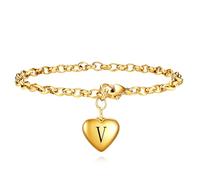 LXBQYSTO Initial Bangle Bracelets Letter A to Z Gold Stainless Steel Heart Bangle Name Cuff Bracelect for Women Non Tarnish Cute Jewelry Gift for Her Flexible Adjustable Size, M, Stainless Steel, no