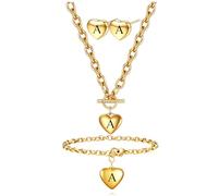 LXBQYSTO Women's 3 Pieces Heart Name Initial Necklace, Bracelet, Earrings, Jewelry Set Stainless Steel A-Z letters Jewelry Suits, U-1, Stainless Steel, No Gemstone