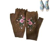 LXCJZY Hand Embroidered Gloves,Women's Knitted Gloves Flower Gloves,Knit Fingerless Gloves for Winter (Brown)