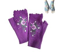 LXCJZY Hand Embroidered Gloves,Women's Knitted Gloves Flower Gloves,Knit Fingerless Gloves for Winter (Purple)