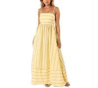 LXCJZY Women's Striped Back Smocked Maxi Dress,Sexy Spaghetti Strap Cut Out Flowy Boho Strip Print A Line Long Dress (Yellow, L)