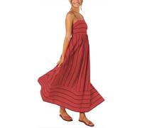 LXCJZY Women's Striped Back Smocked Maxi Dress,Sexy Spaghetti Strap Cut Out Flowy Boho Strip Print A Line Long Dress (Red, M)