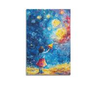 LXDSTK Exquisite Modern Family Canvas Wall Art Picture Print Photo Album-Impressionist - Style Children's Poster with Girl Reaching for Stars 20x30inch(50x75cm)