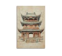 LXDSTK Exquisite Modern Family Canvas Wall Art Picture Print Photo Album-Line Art Travel Poster Chinese Pagoda Architecture Sketch 16x24inch(40x60cm)