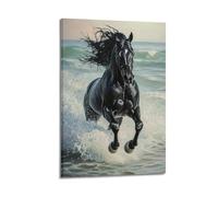 LXDSTK Exquisite Modern Family Canvas Wall Art Picture Print Photo Album-Realistic Animal Poster Black Horse Galloping on Seashore 08x12inch(20x30cm)