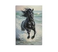 LXDSTK Exquisite Modern Family Canvas Wall Art Picture Print Photo Album-Realistic Animal Poster Black Horse Galloping on Seashore 16x24inch(40x60cm)