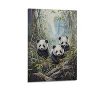 LXDSTK Exquisite Modern Family Canvas Wall Art Picture Print Photo Album-Realistic Animal Poster Three Adorable Pandas in Bamboo Forest 20x30inch(50x75cm)
