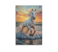 LXDSTK Exquisite Modern Family Canvas Wall Art Picture Print Photo Album-Realistic Animal Poster White Horse Running on Seashore at Sunset 16x24inch(40x60cm)
