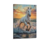 LXDSTK Exquisite Modern Family Canvas Wall Art Picture Print Photo Album-Realistic Animal Poster White Horse Running on Seashore at Sunset 08x12inch(20x30cm)
