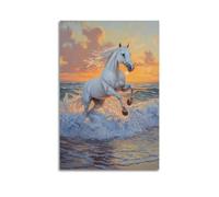 LXDSTK Exquisite Modern Family Canvas Wall Art Picture Print Photo Album-Realistic White Horse Running on Seashore Animal Poster 16x24inch(40x60cm)