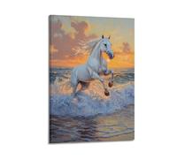 LXDSTK Exquisite Modern Family Canvas Wall Art Picture Print Photo Album-Realistic White Horse Running on Seashore Animal Poster 20x30inch(50x75cm)