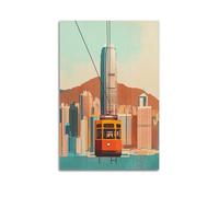 LXDSTK Exquisite Modern Family Canvas Wall Art Picture Print Photo Album-Retro Cityscape Poster with Hong Kong Tram And Skyscrapers 16x24inch(40x60cm)
