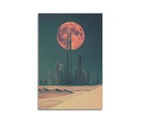 LXDSTK Minimalist Abstract Canvas Wall Art Prints Picture - Surrealist Dubai Cityscape Poster with Giant Red Moon And Desert View Wall Decor Artwork Posters 12x18inch(30x45cm)