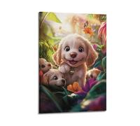 LXDSTK Minimalist Abstract Canvas Wall Art Prints Picture - Watercolor Animal Poster Adorable Puppies in Lush Greenery Wall Decor Artwork Posters 08x12inch(20x30cm)
